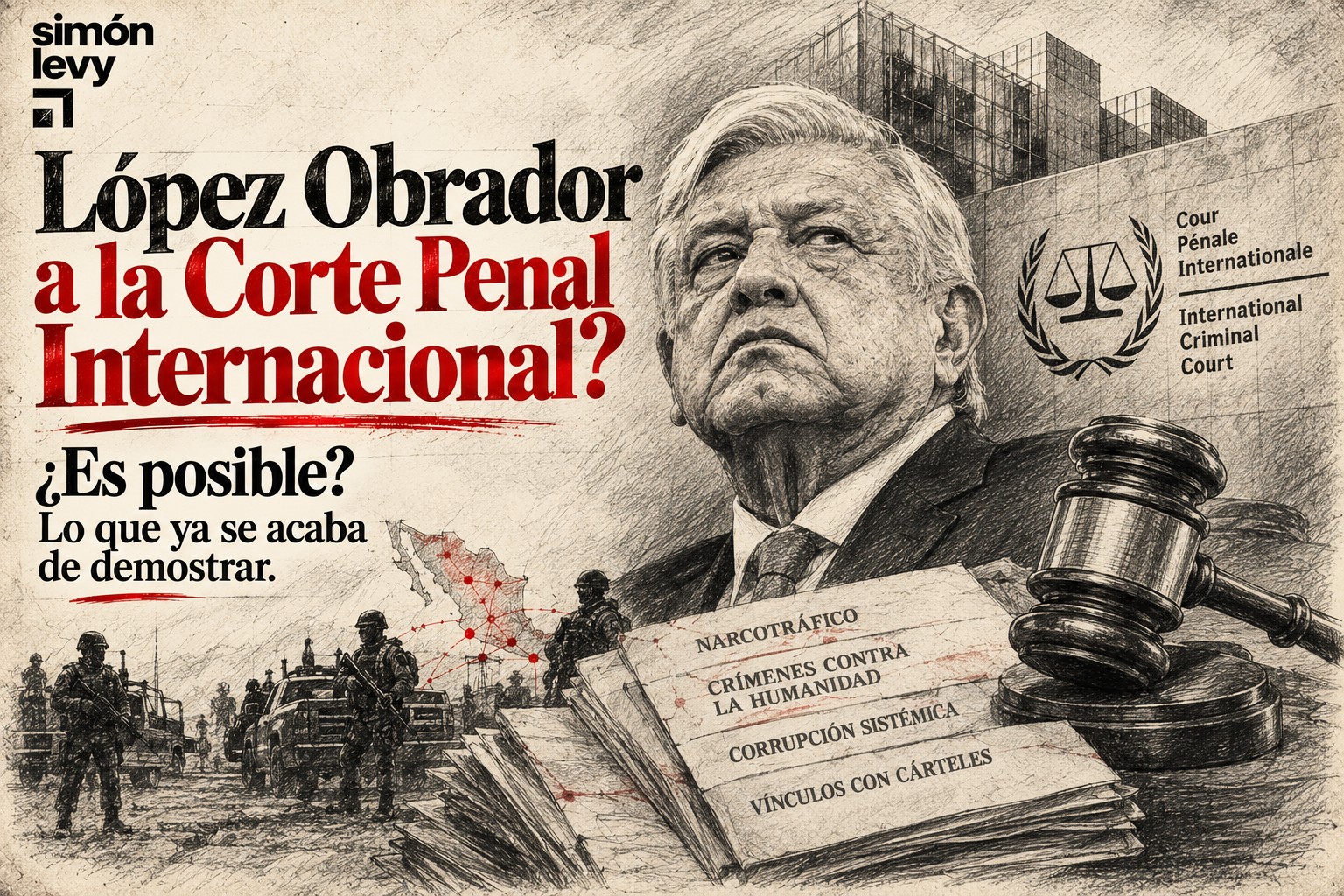 Ilustración: Andrés Manuel López Obrador frente a la sede de la Corte Penal Internacional, con expedientes, un mazo, soldados y el mapa de México. Título: ¿López Obrador a la Corte Penal Internacional? ¿Es posible? Lo que ya se acaba de demostrar.