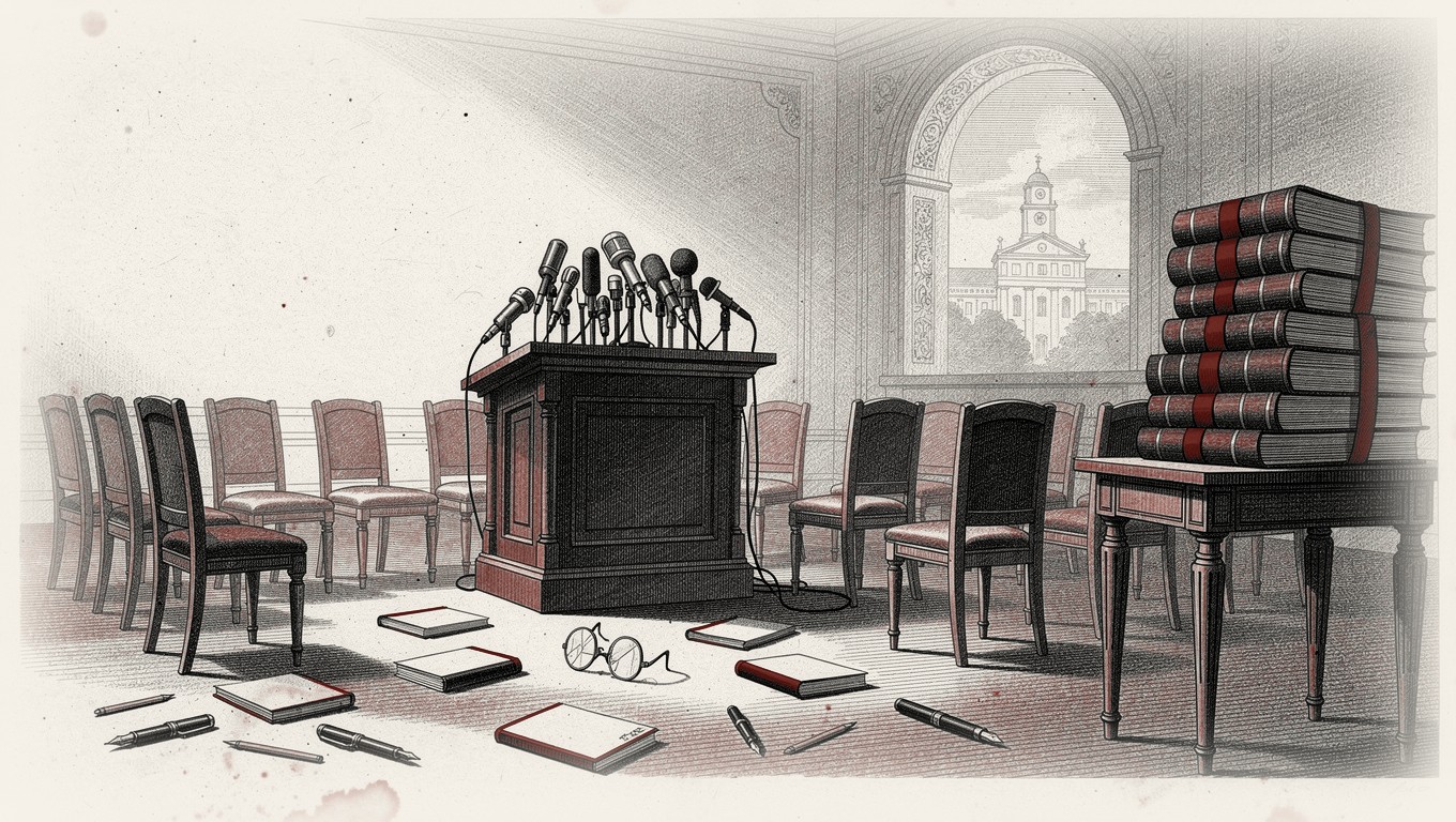 Engraved plate: a lectern crowded with microphones facing empty chairs, reporters' notebooks scattered on the floor, case files tied with red ribbon and, through the window, a distant palace of justice